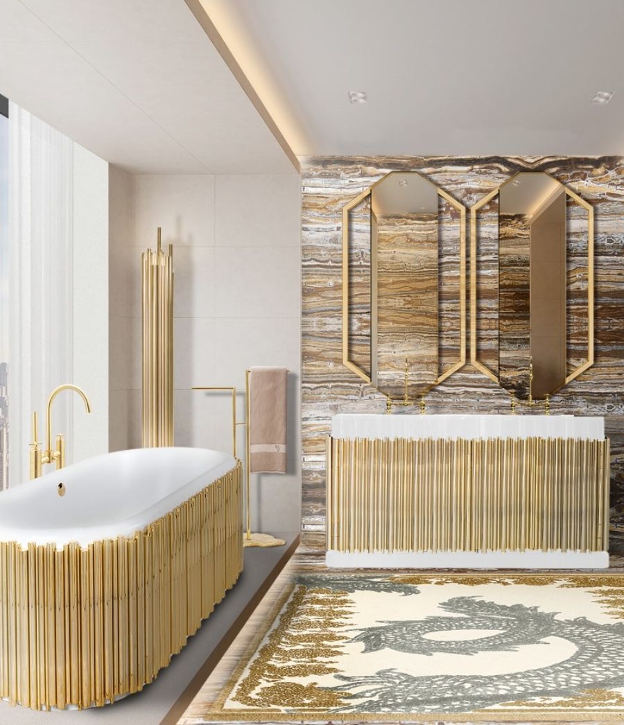 Golden Bathroom, gold bathtub and washbasin, golden mirror and towel rack