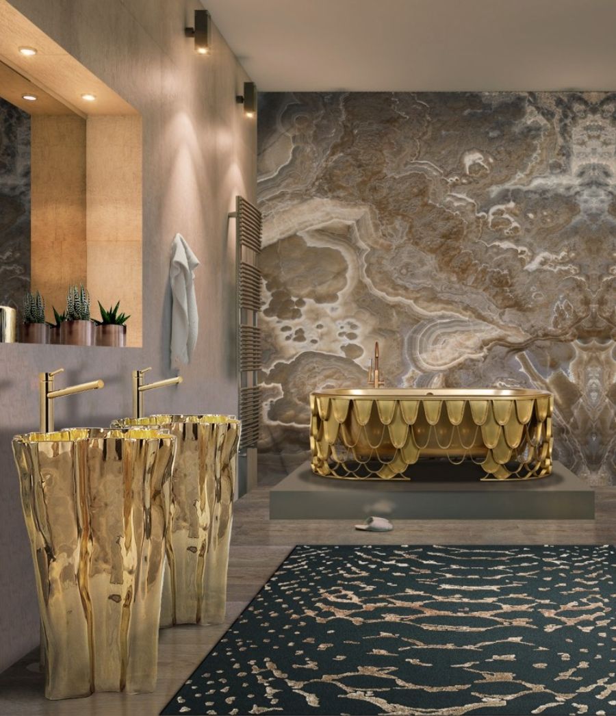 Golden Bathroom, gold bathtub and freestanding and green rug