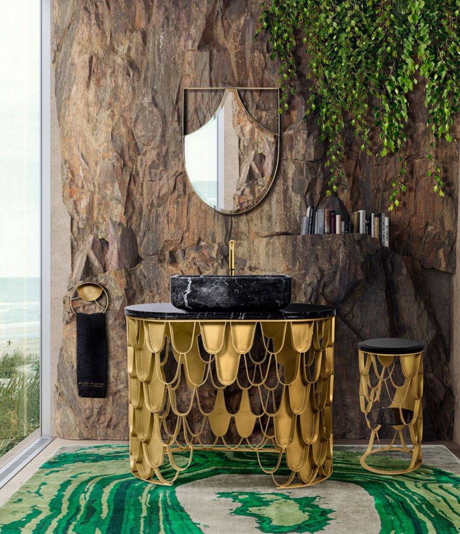 Golden Bathroom, black and gold washbasin and side table with curved lines, mirror and towel ring