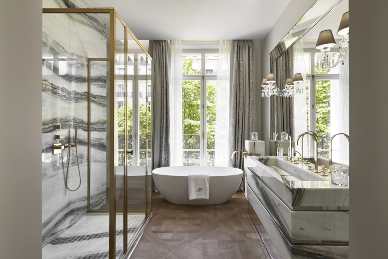 Master Bathroom Design by Stéphanie Coutas. Uniquely styled, mixing contemporary art with luxury materials such as the green Antigua marble found in the master bathroom design, a Versailles floor and the details that complement it.