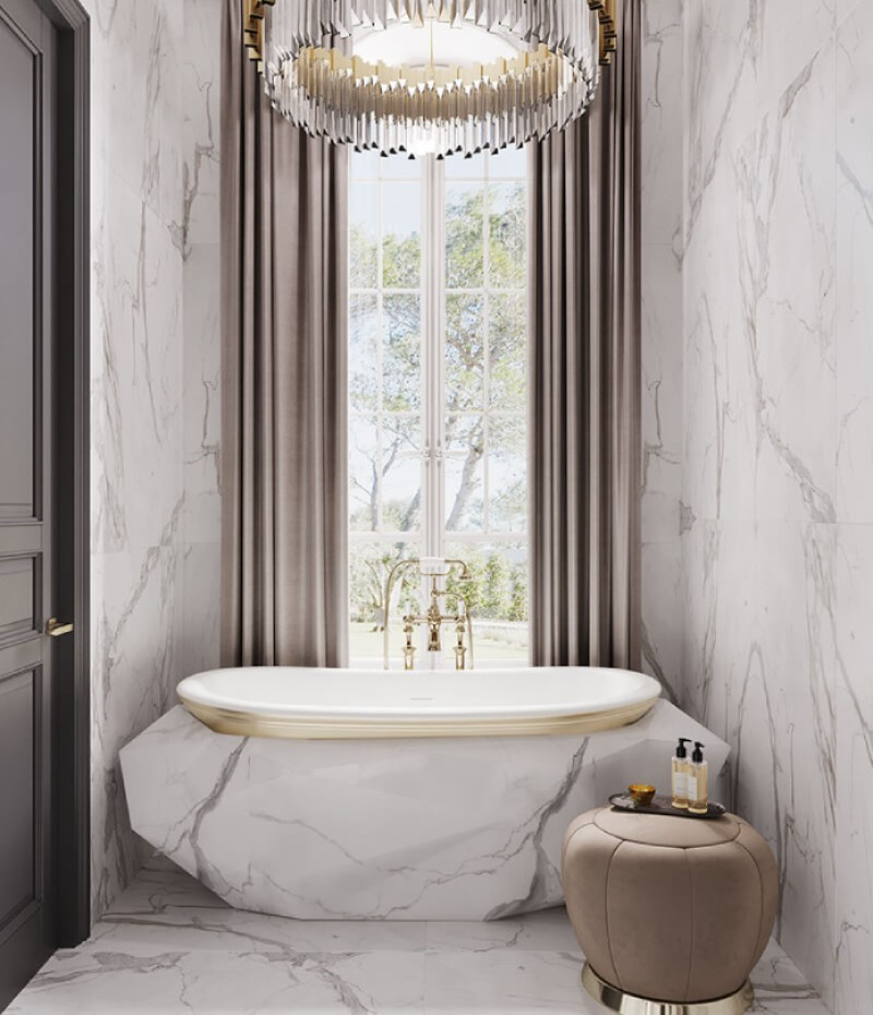 get the look with the CONTEMPORARY WHITE MARBLE BATHROOM WITH WHITE LUXURY BATHTUB