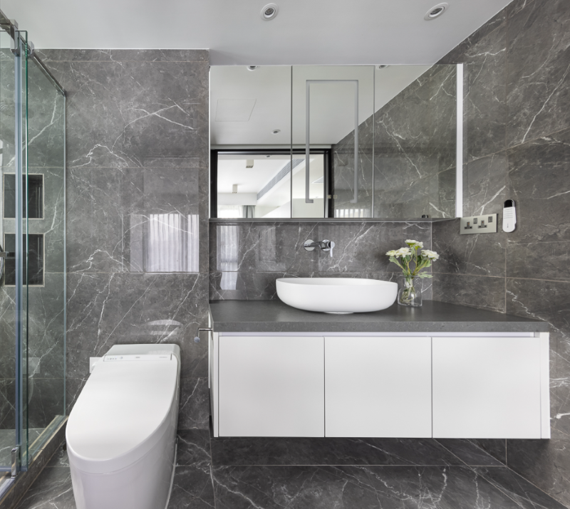 Grande Interior Design made this grey bathroom