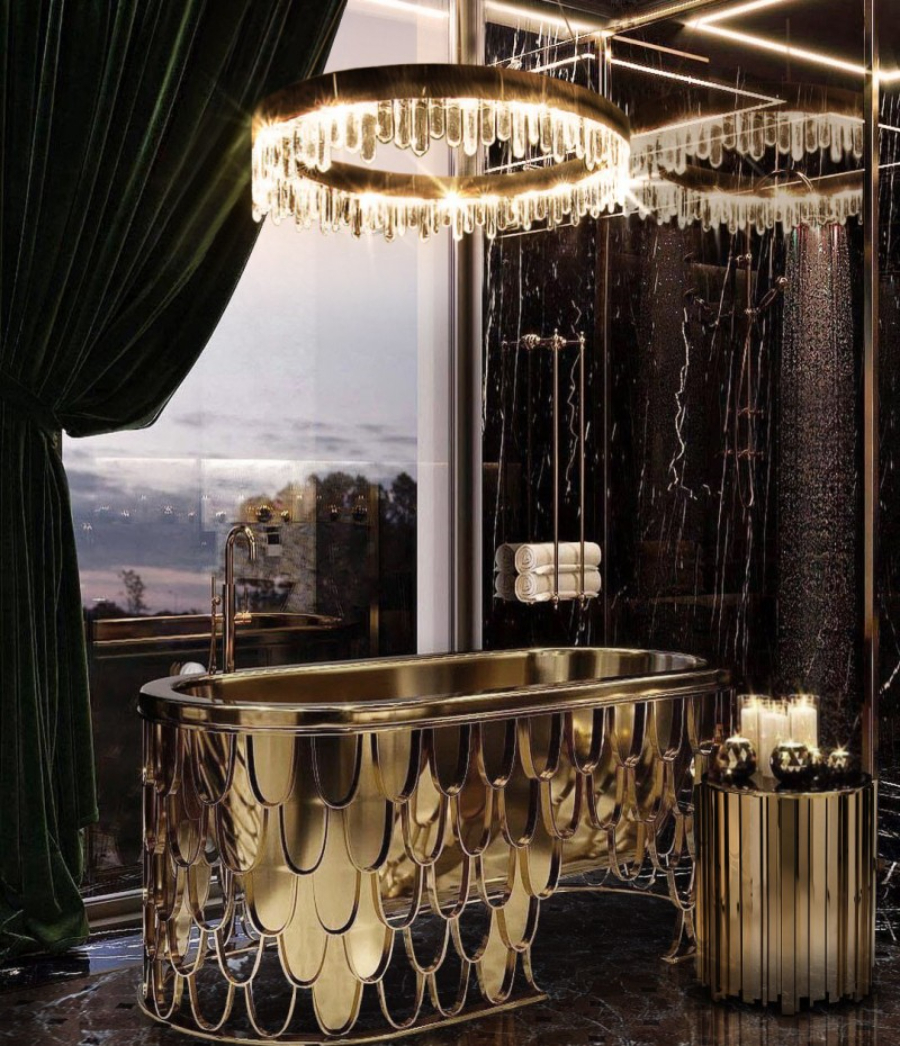 Lighting Ideas: Fantastic Products to Include in your Bathroom Design with golden furniture