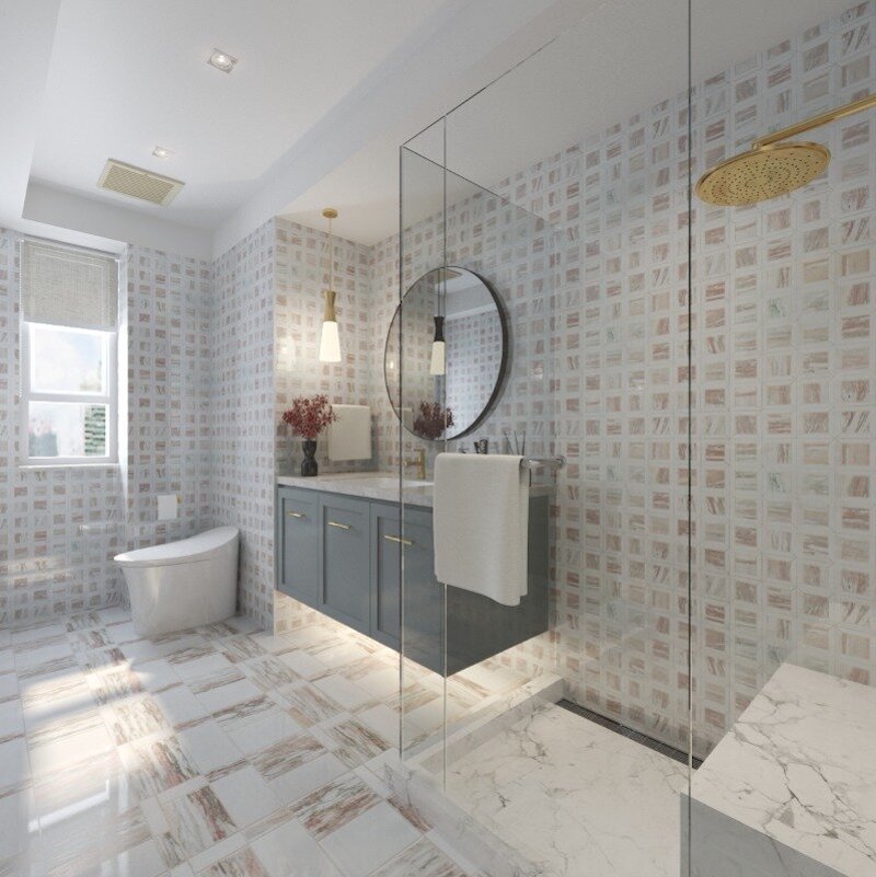 Luxury Bathroom Ideas by Atelier Lane - Borrett Mansions - bathroom with a round mirror and a suspension cabinet in grey