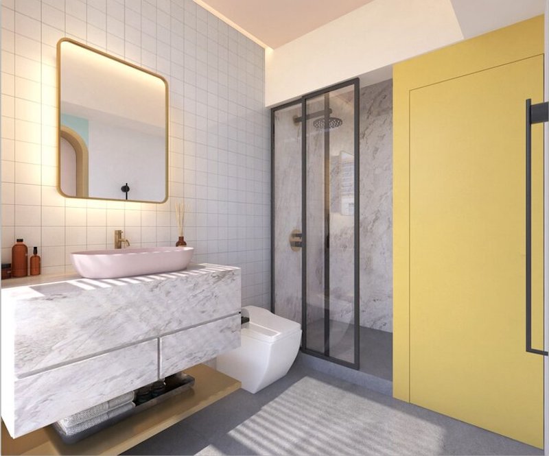 Luxury Bathroom Ideas by Atelier Lane - Sheung Wan - a more colorful bathroom with a pink vessek sink