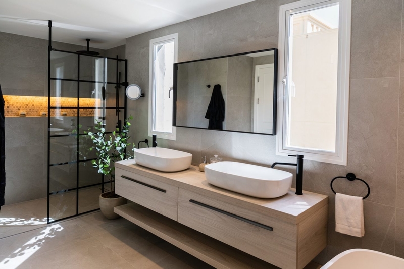 A bathroom furnished with a bespoke washbasin, a couple of custom vessel sinks and a custom mirror.