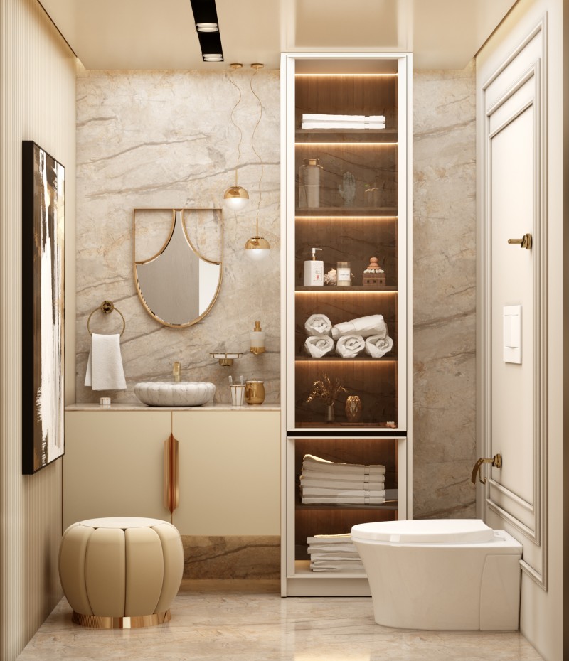 bathroom by maison valentina with white marble sink and white stool