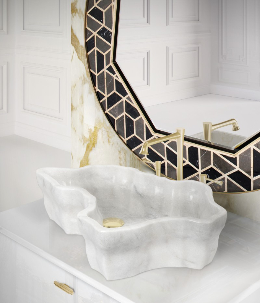 bathroom by maison valentina with geometric mirror and white marble sink