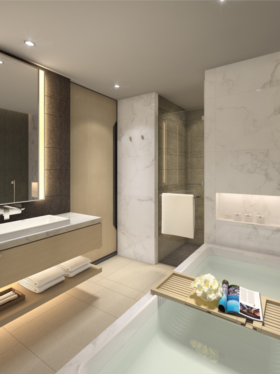 Best Bathroom Interior Design Ideas by Aedas - xiamen baiqi courtyard by marriott- modern bathroom in white tones