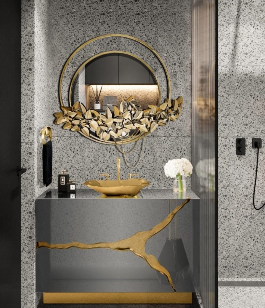ingrao inc new york interior design bathroom grey gold marble furniture maison valentina round mirror with gold accents