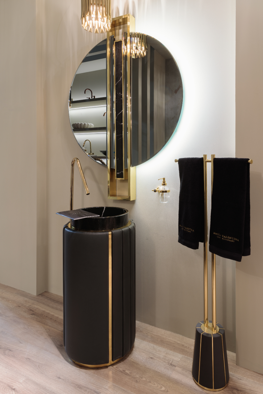 iSaloni 2022 The Latest Luxury Bathroom Trends  Darian Pedestal Sink Darian Towel Rack Shield Mirror
