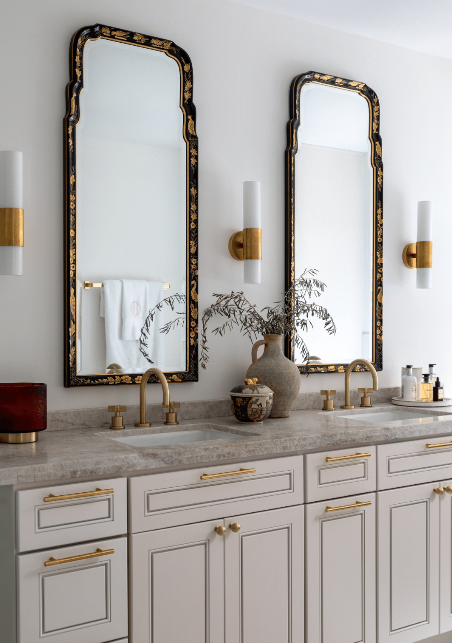 Bathroom Interior Design: Ashton Taylor Interiors. This is a close-up view of the bathroom vanity with the golden details.
