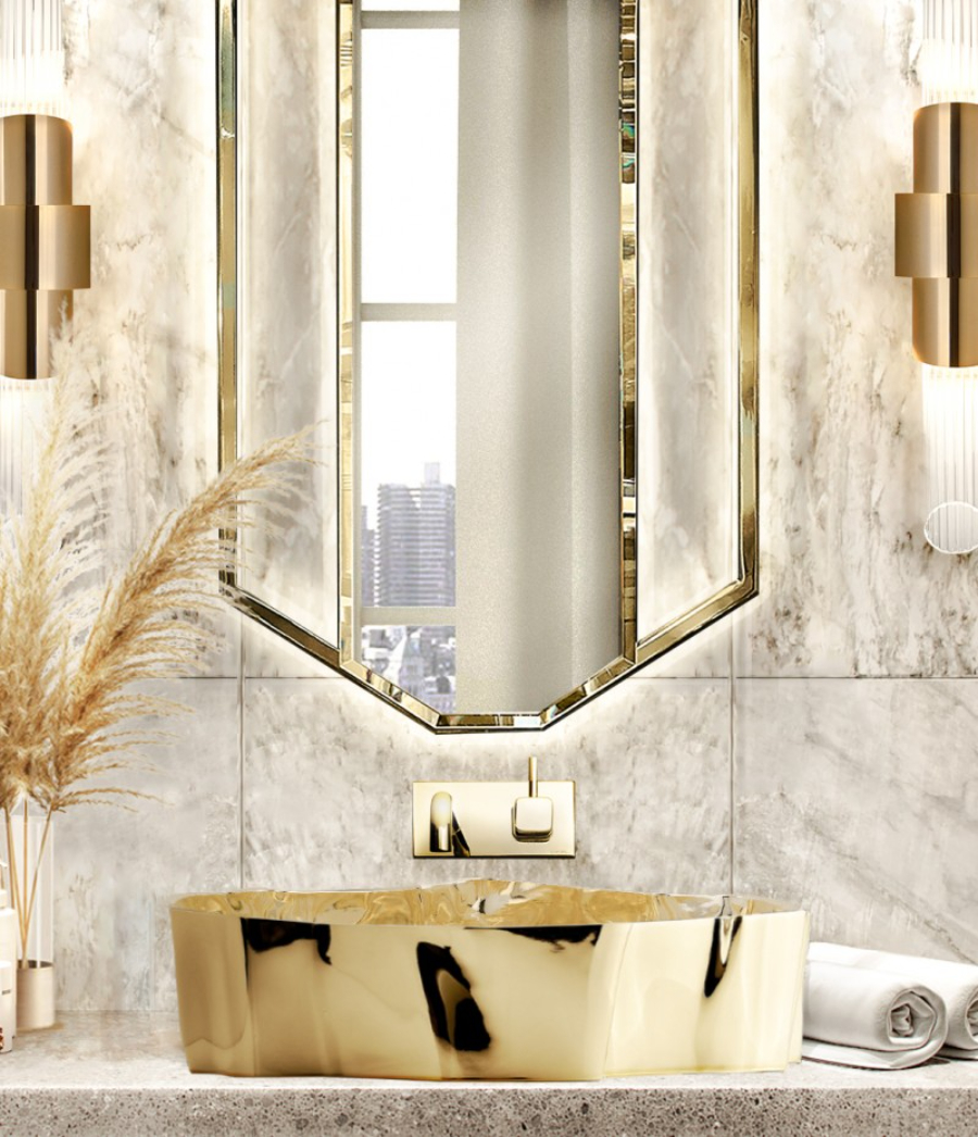 bathroom by maison valentina with golden sink and geometric mirror