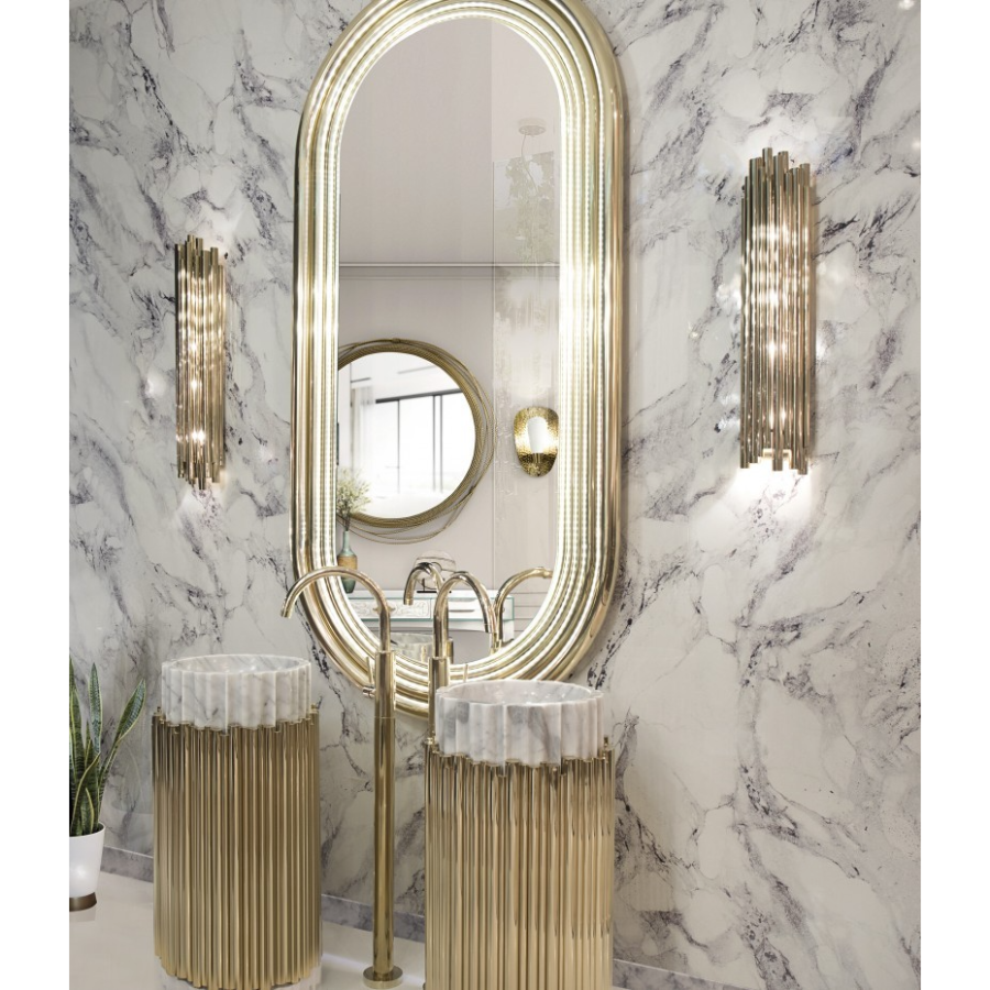 BLISSFUL MARBLE BATHROOM WITH COLOSSEUM MIRROR AND SYMPHONY FREESTAND