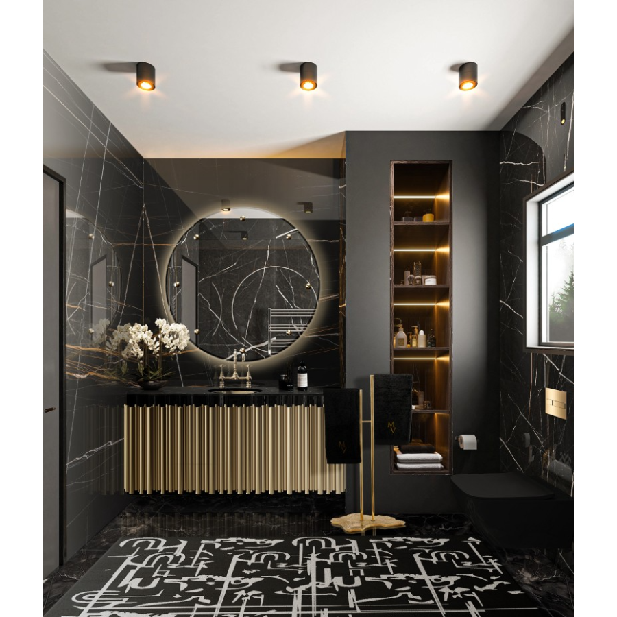 ELEGANT BLACK MASTER BATHROOM WITH GOLDEN DETAILS