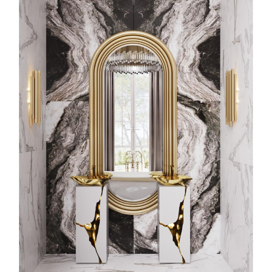 GOLDEN TOUCHES AGAINST MARBLE WALL APPOINTMENTS IN A ELEVATED BATHROOM