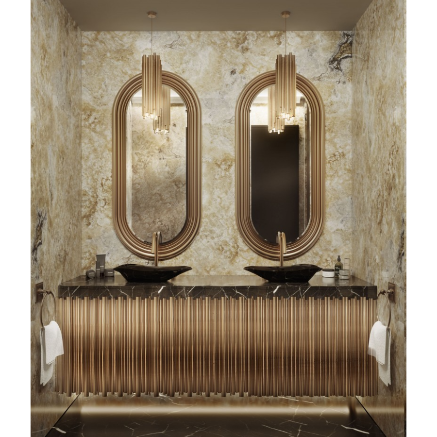 REMARKABLE CONTEMPORARY BATHROOM WITH COLOSSEUM MIRROR AND LAPIAZ MARBLE VESSEL SINK