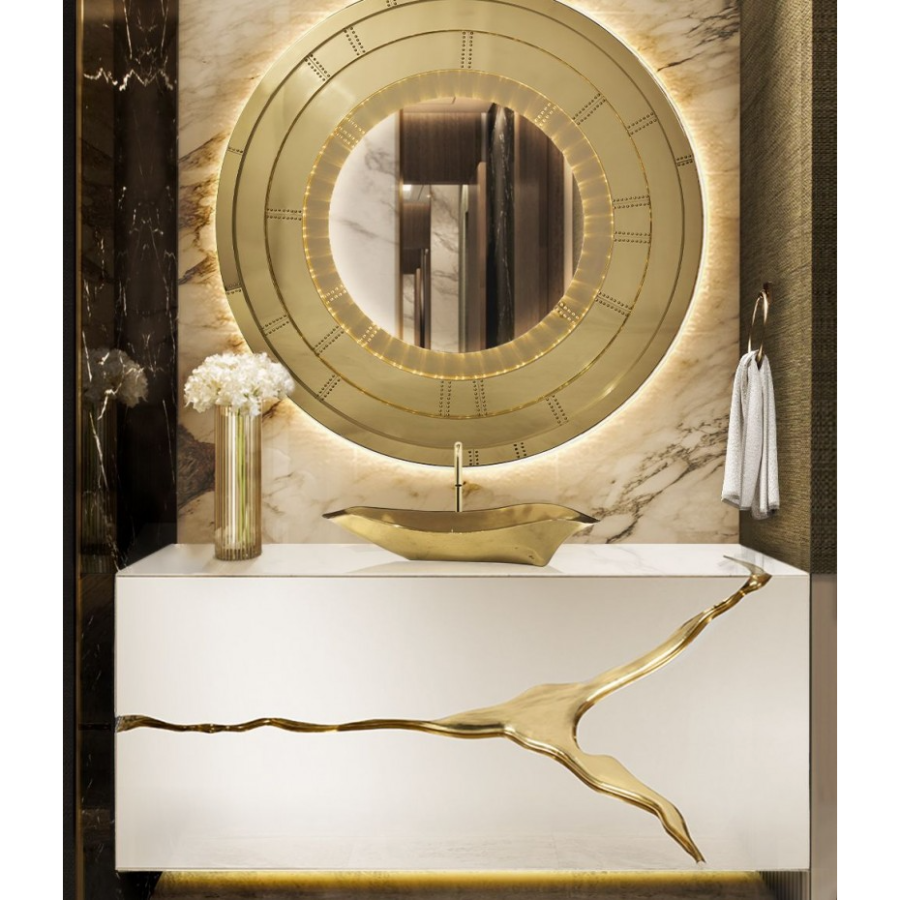 BLISSFULNESS GOLD BATHROOM WITH BLAZE MIRROR AND LAPIAZ SUSPENSION CABINET