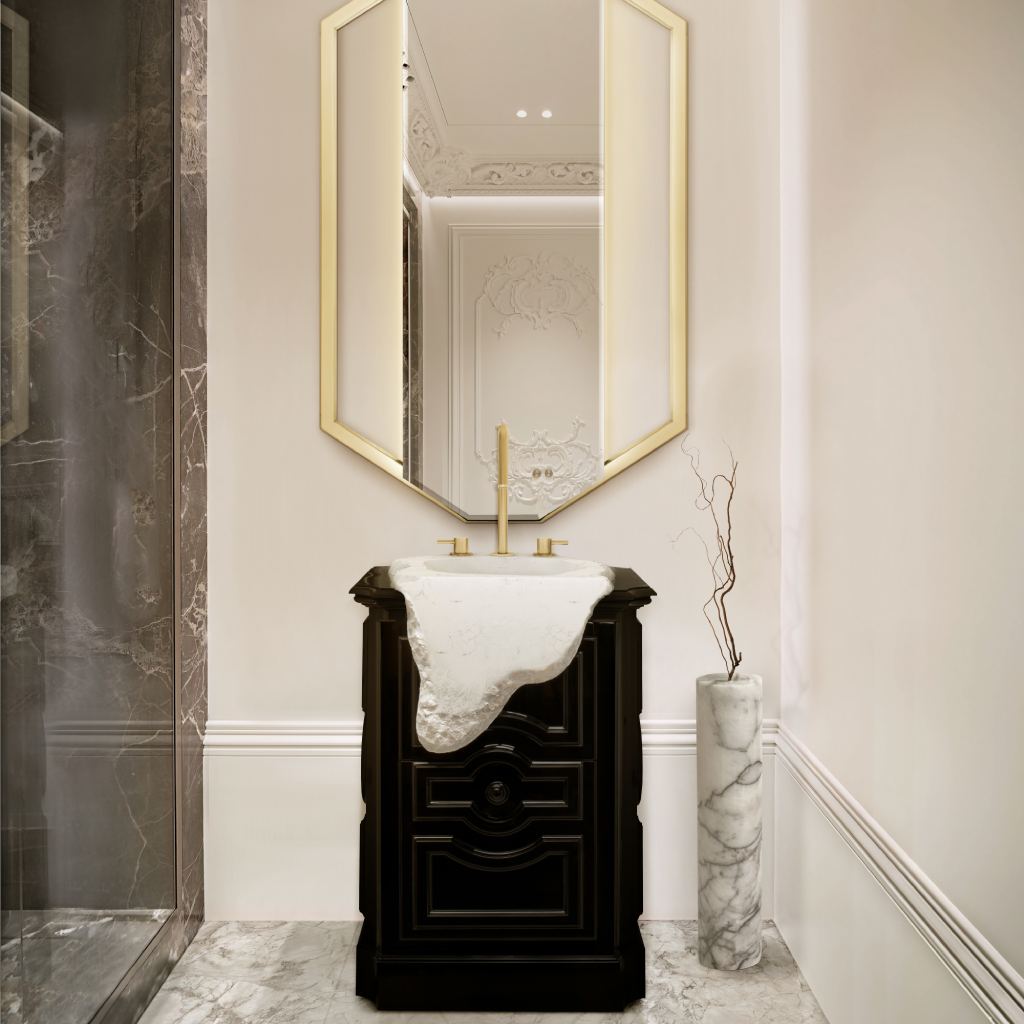 Elegant powder bathrooms featuring the Petra Pedestal Sink, Pulse Three Hole Mixer Bathroom Tap in gold, geometric Sapphire Mirror, and marble accents, blending classical and contemporary luxury.