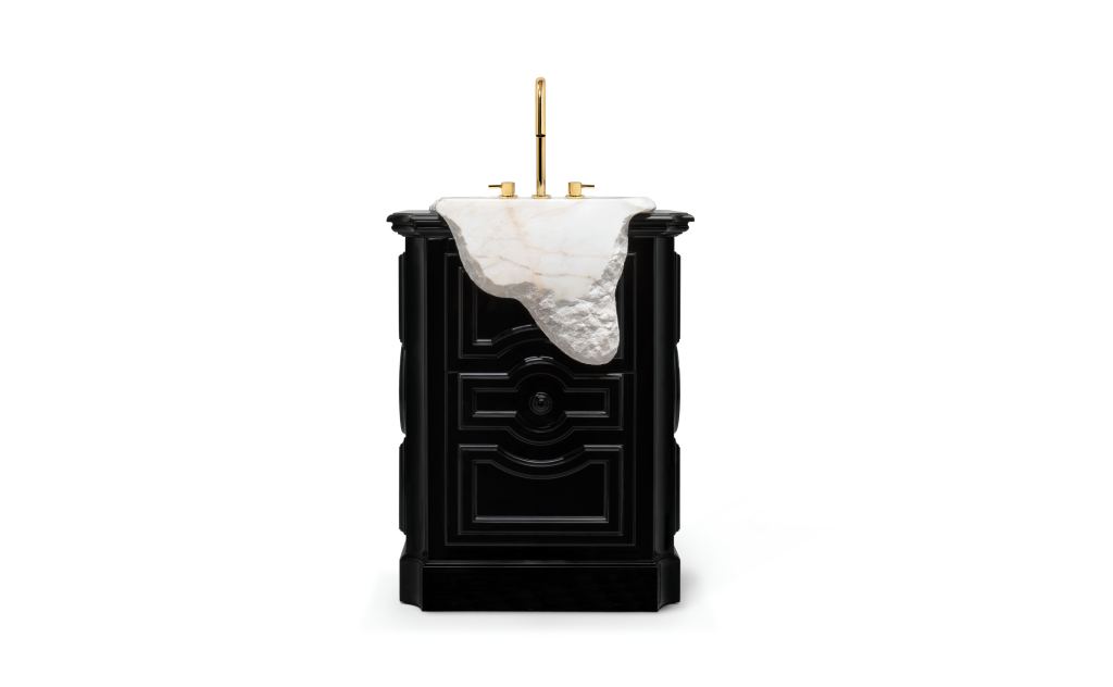 Petra Modern Pedestal Sink in a luxury powder bathroom, featuring a black lacquered freestanding base and a carved Estremoz marble vessel, perfect for contemporary and modern design.