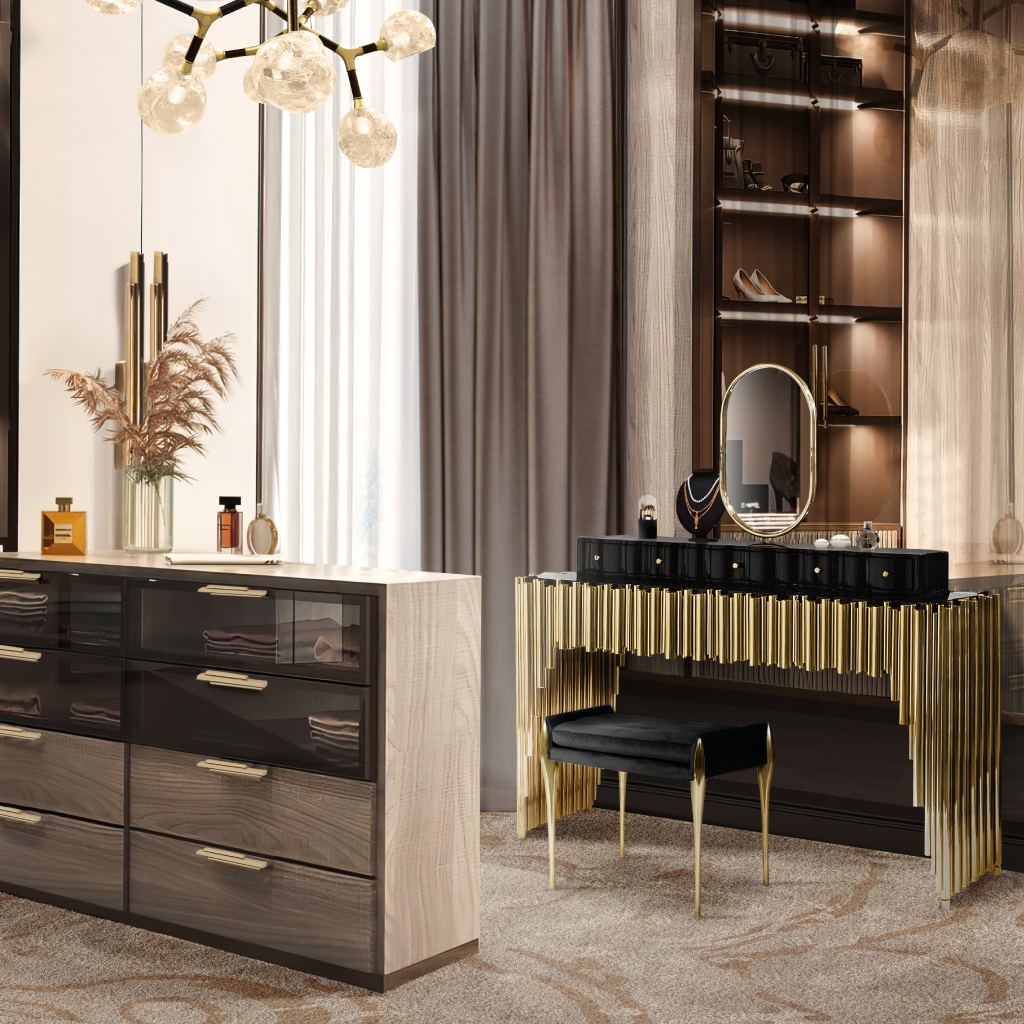eutral-toned luxury closets with Symphony Vanity Table, Stiletto Stool, Merfilus Rug, and Horus Suspension Lamp, blending elegance and modern design.