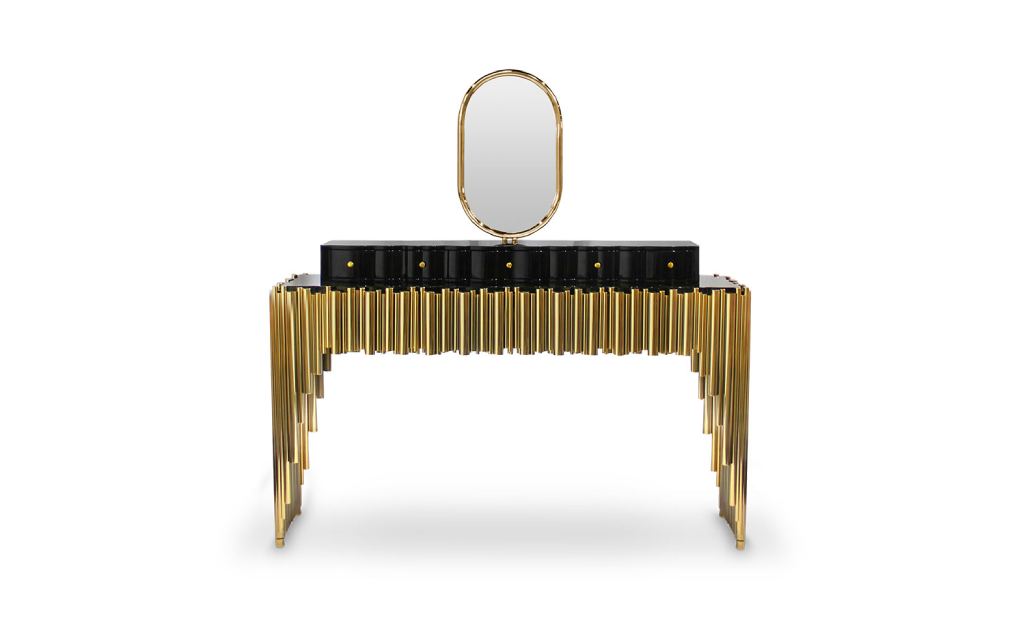 Symphony Vanity Table with polished brass tubes and black lacquered top, paired with luxury closets, creating a sophisticated and elegant interior.