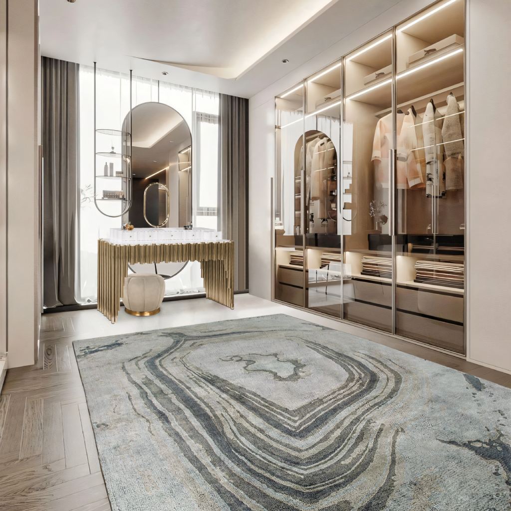 Luxury closets by Maison Valentina with Symphony Vanity Table, Florence Stool, Agatha Rug, and glass-paneled storage, blending modern design and refined elegance.