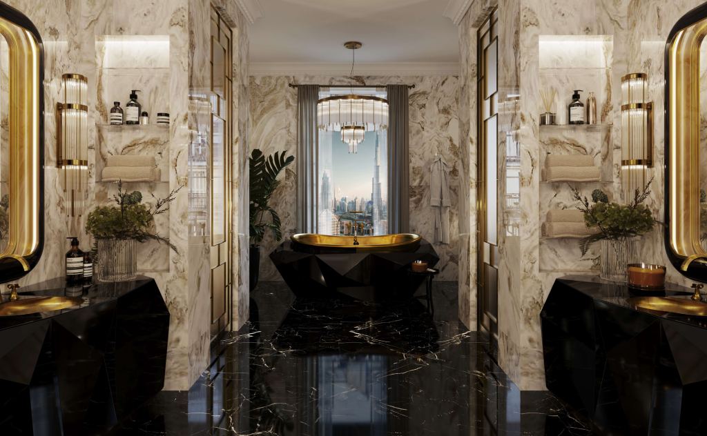 Master bathroom luxury with Diamond Bathtub, Diamond Single Vanity Cabinets, Ring Rectangular Mirror, and Pharo II lamps, featuring black marble floors and a Dubai skyline view.
