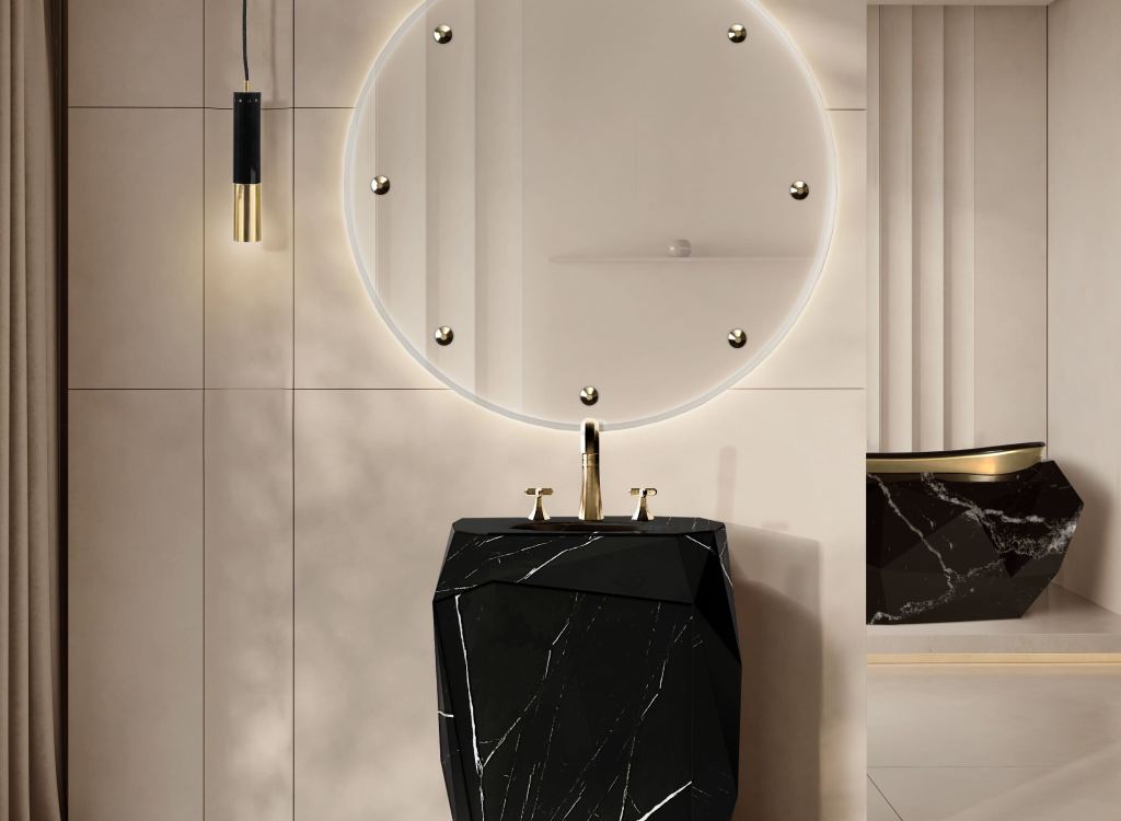 Master bathroom with Diamond Pedestal Sink, Diamond Bathtub, and Glimmer Mirror by Maison Valentina, showcasing geometric shapes, backlit detailing, and luxurious modern design.