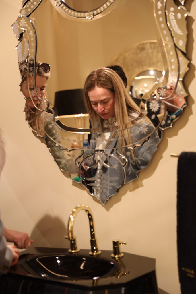 Detailed view of a decorative classical mirror at the Maison Valentina stand during Milan Design Week 2026.