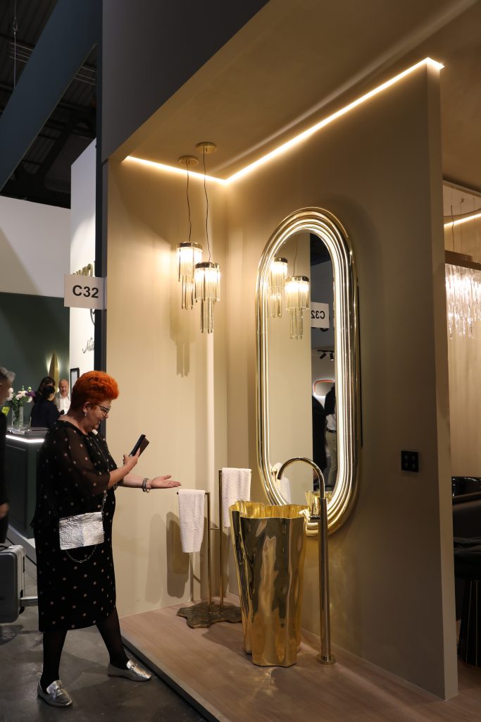 Sculptural gold freestanding washbasin by Maison Valentina on display at Milan Design Week 2026.