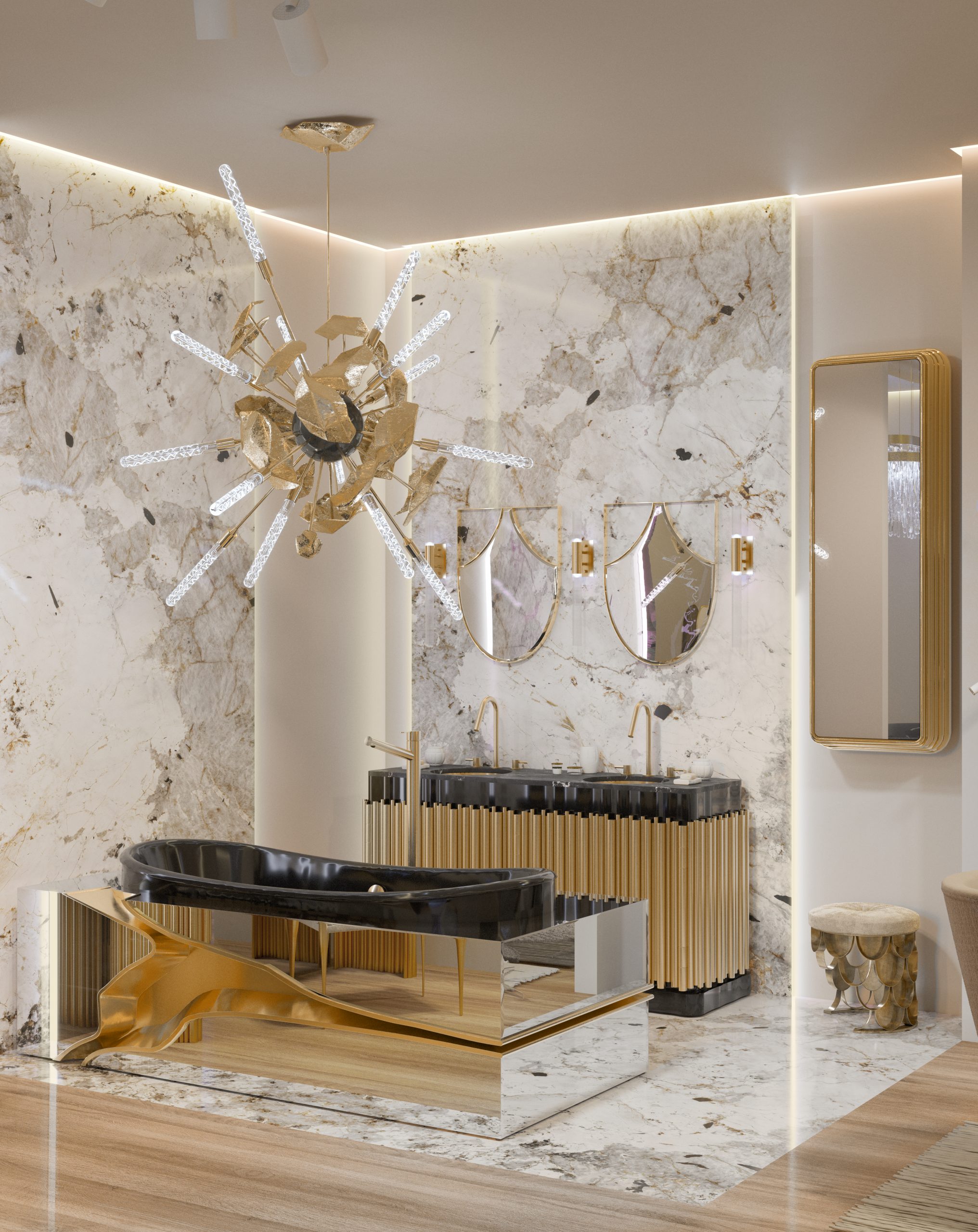 High-end bathroom environment with marble walls and gold accents at Milan Design Week 2026.