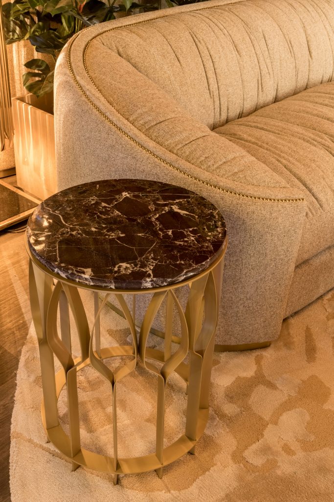 Maison Valentina Mecca Side Table with dark marble top and gold architectural base at iSaloni 2026