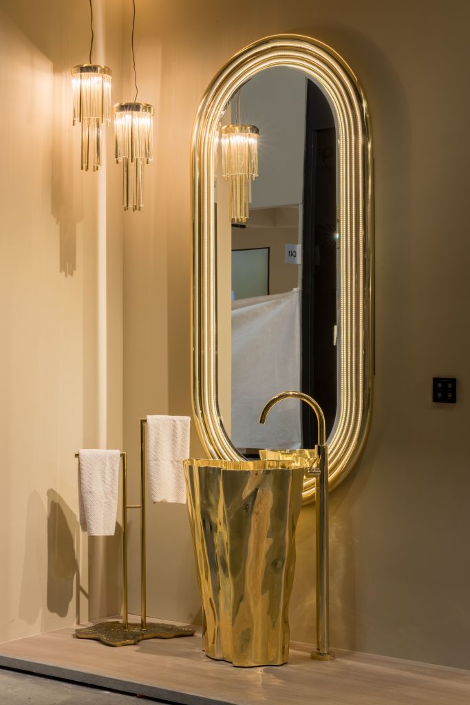 Maison Valentina Eden Freestanding Washbasin in polished gold with Colosseum Mirror at Milan Design Week