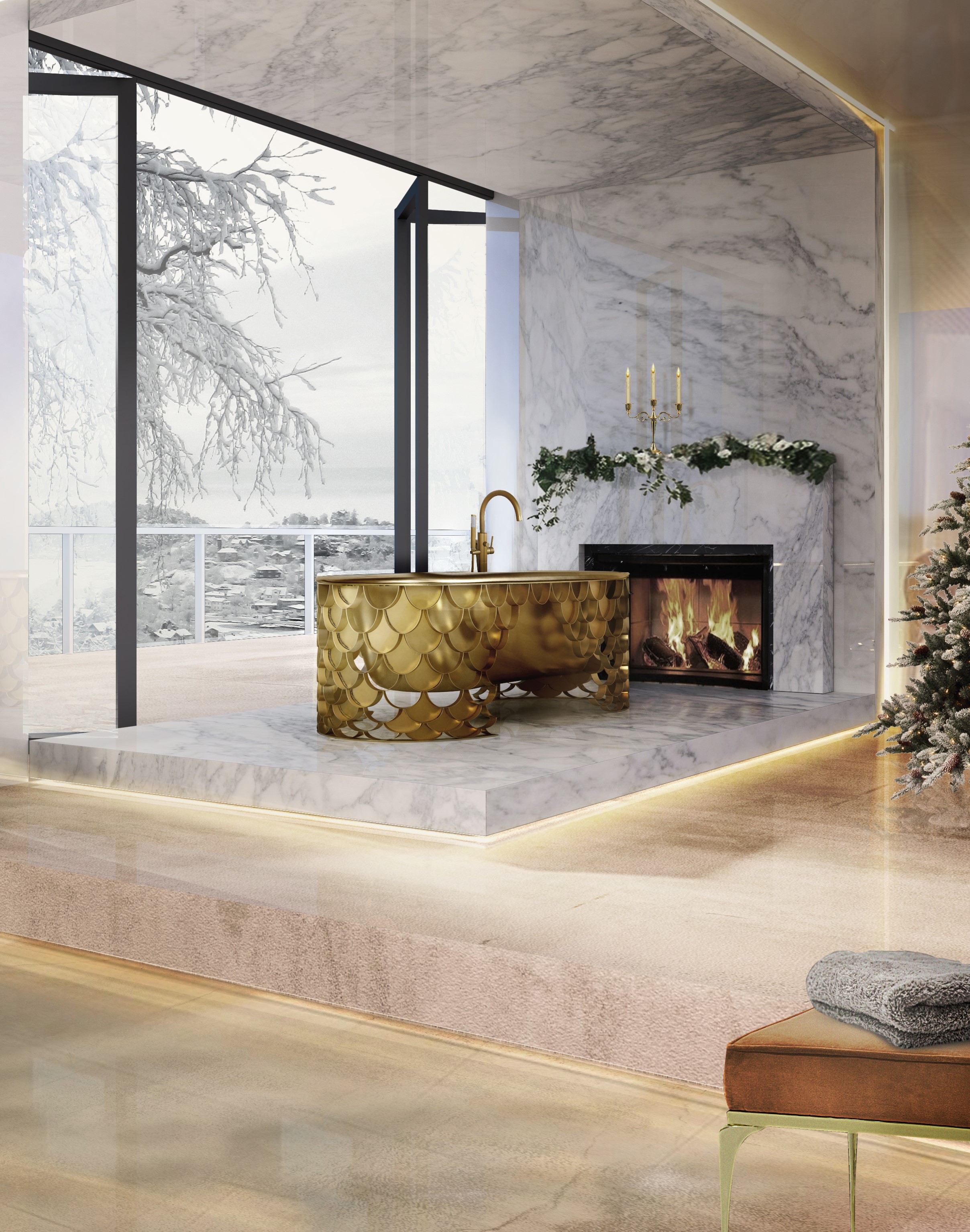 Bathroom with a fireplace, winter trends, Bathroom, Fireplace, romantic, heat, interior designers, maison valentina