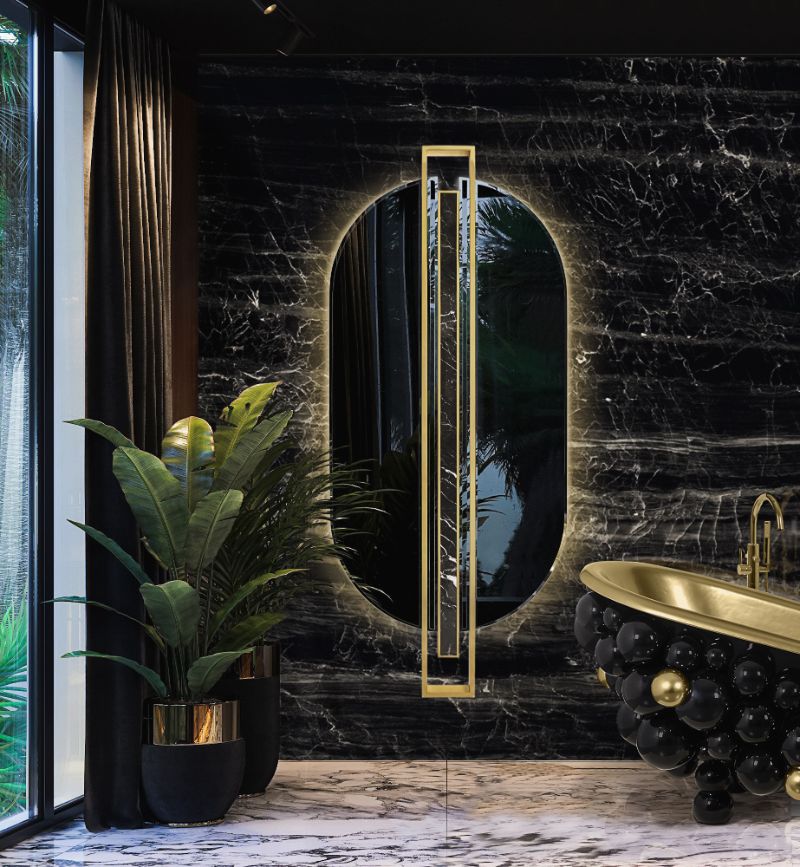 A Wonderful luxurious Modern Bathroom with a Newton Bathrub and the Shield Oval Mirror, to create a perfect and unique feeling of relaxation.