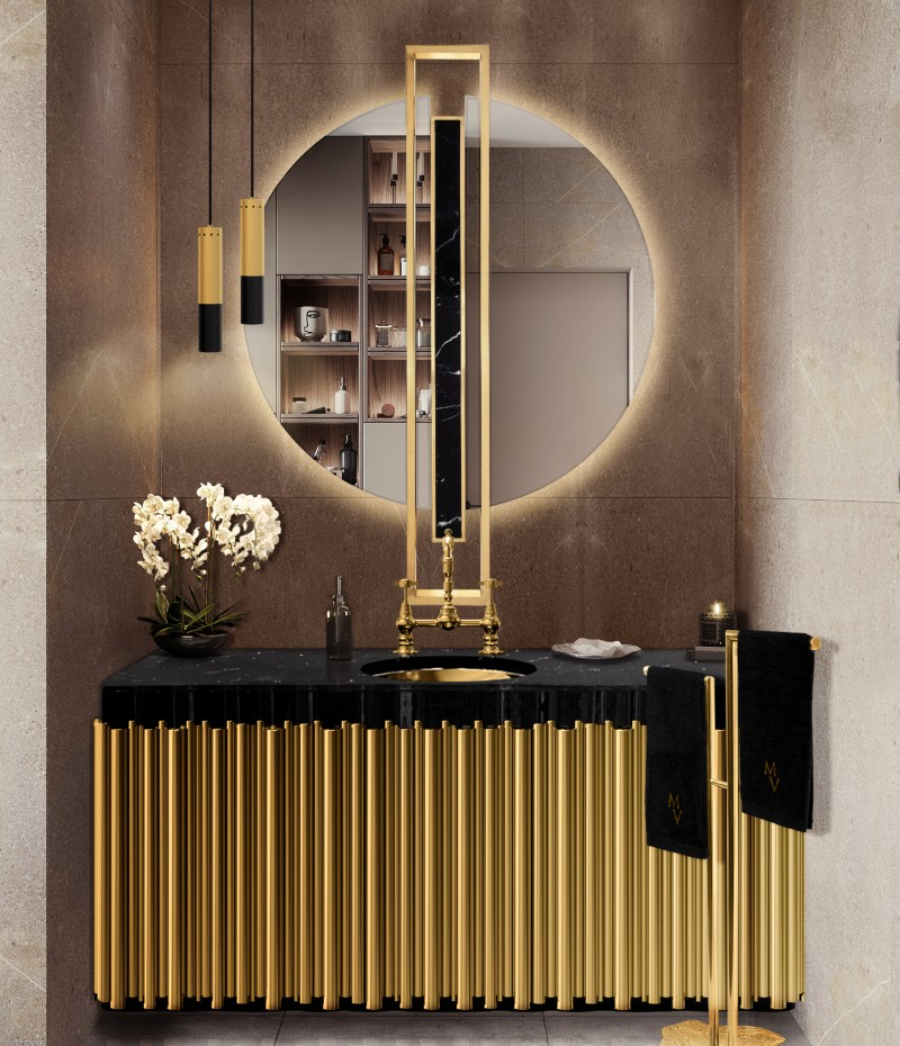 Powder Room Ideas To Complete Your Luxury Bathroom Design round mirror and washbasin