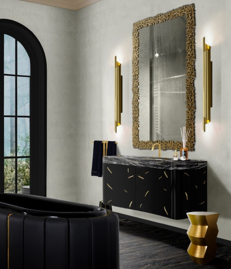 Bathroom Inspiration Ideas with a bathtub and golden mirror.