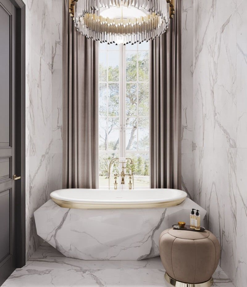 white marble bathroom by maison valentina with luxury bathtub an beige stool