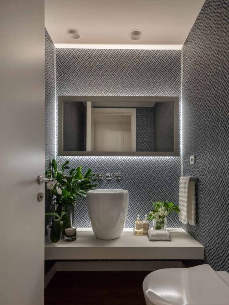 bathroom by marisa gallo with white sinkand grey rectangular mirror