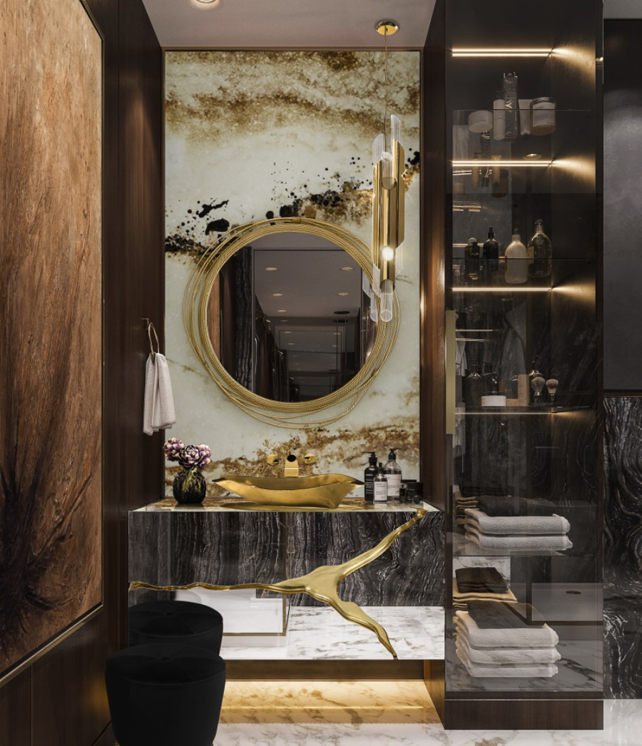 Golden Inspiration To Your Luxury Bathroom Decor Lapiaz Suspension Cabinet and Kayan Mirror