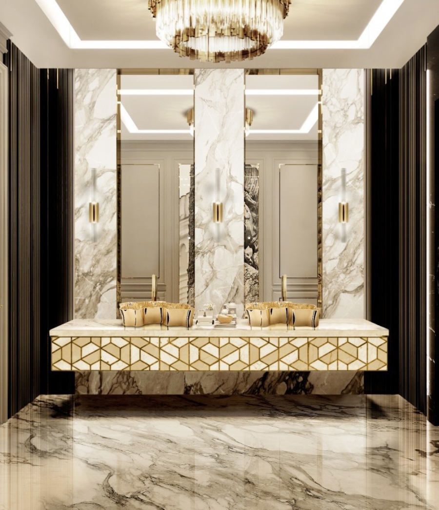 Bathroom design ideas from Stacey Cohen Design. Simple, golden, and incredibly striking, this bathroom is a modern twist on classicism that takes on a journey into absolute luxury. with the intense Eden Vessel Sink as its centerpiece, this amazing oasis is a reminder that elegance can truly go along with functionality and beauty.