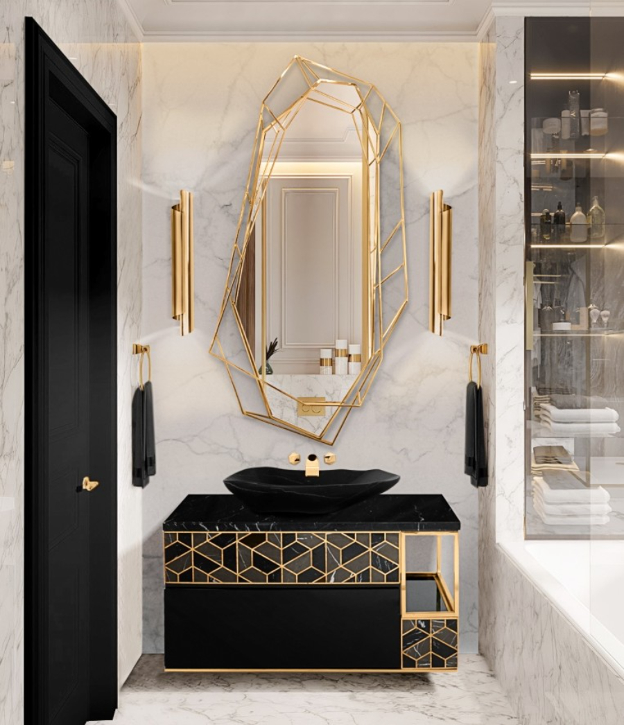 Bathroom Ideas Mirrors To Achieve A Perfect Oasis Diamond Big Mirror Luxury Bathroom Gold Details Tortoise Vanity Cabinet