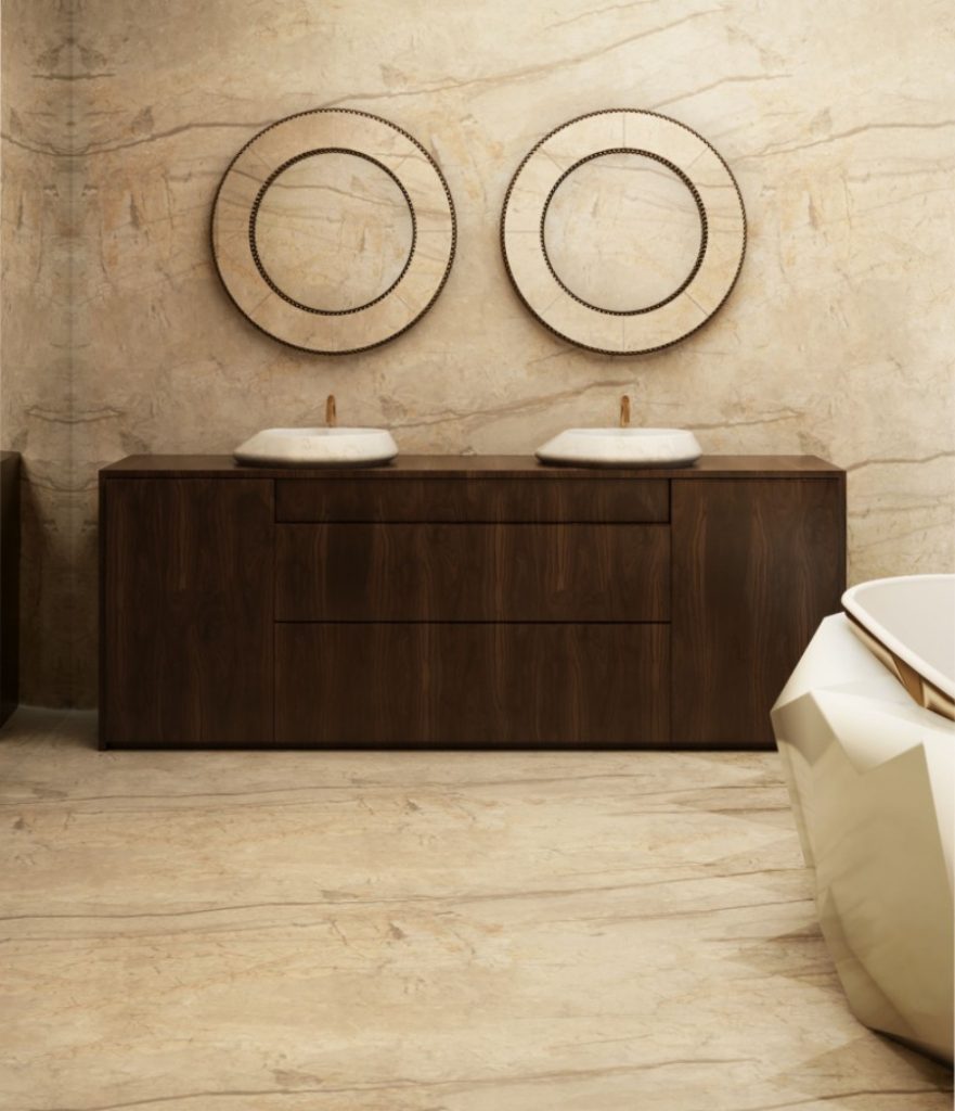 bathroom by Maison Valentina with brown cabinet and white marble washbasin.