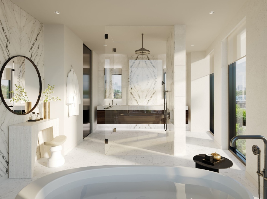 Ideas to decorate the bathroom by U31. this enourmus master bathroom has a vanity cabinet in wood with a white sink, a wal-in shower and a white bathtub.