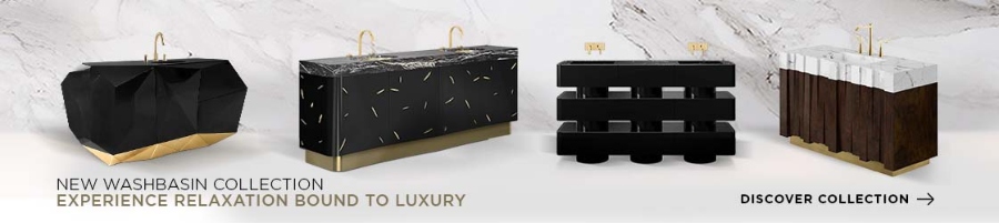 Luxury Bathroom Inspirations by Aman & Meeks. Banner: New Washbasin collection - experience relaxation bount to luxury.