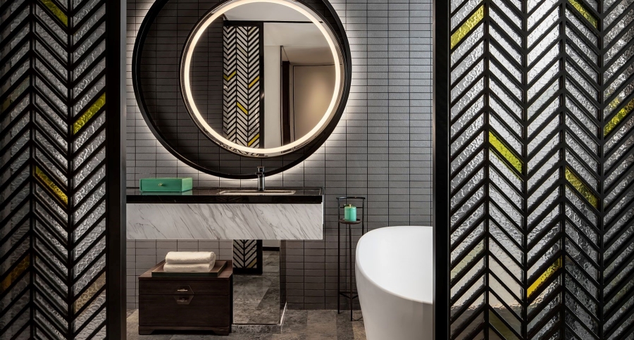 Modern Bathroom Ideas from HBA China Projects - Hotel Indigo Grand Canal, Suzhou - bathroom with black and yellow tones