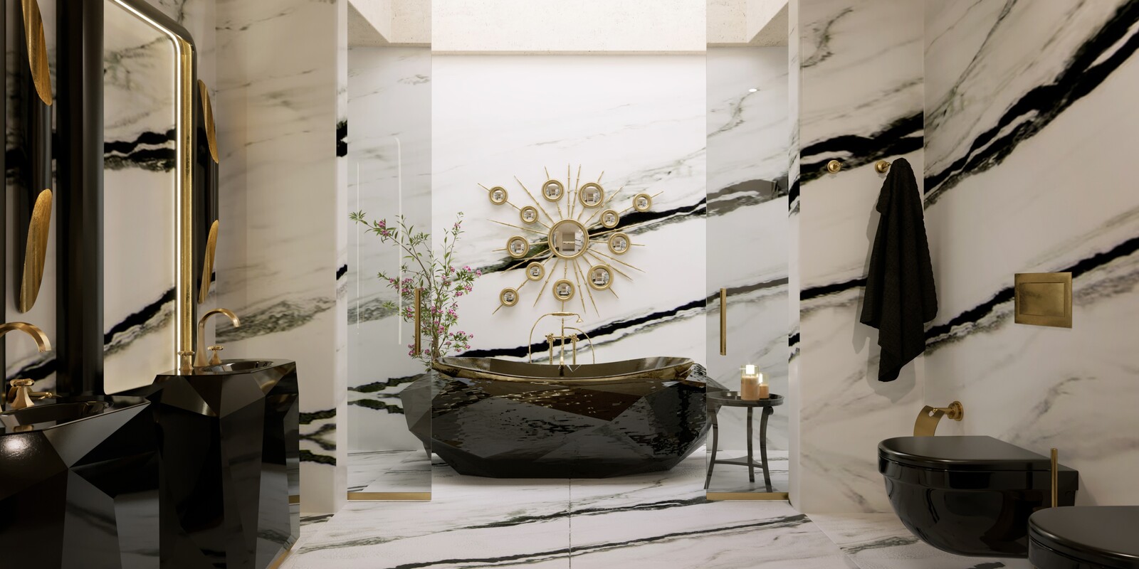 Gold Bathrooms: The Most Shining Designs gold bathrooms Gold Bathrooms: The Most Shining Designs master bathroom with diamond bathtub and diamond freestandings 1
