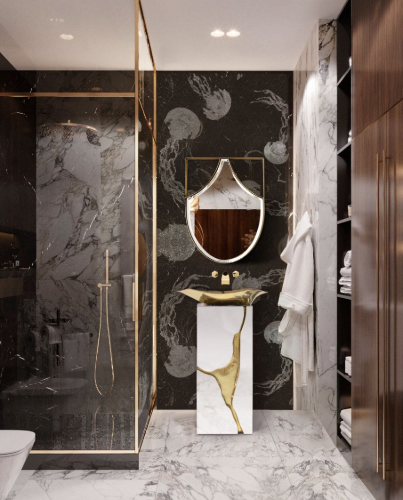 Interiors with gold and dark tones are truly stunning! The Darian Freestanding is a one-of-a-kind design, with an upholstered exterior interlaced with brass bars that give the piece an audacious yet stunning appearance. The item fits perfectly into a modern eclectic look. With the freestanding perfectly combined with the Darian Towel Rack and the Shield Oval Mirror, one's bathroom will look truly amazing. freestandings Wonderful Freestandings to Complete a Lavish Look Wonderful Freestandings to Complete a Lavish Look 3