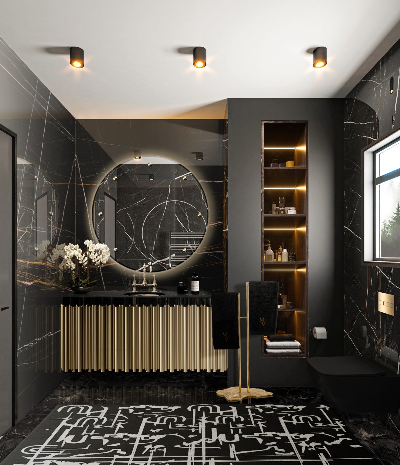 Bathroom Inspirations - Dark and Golden Bathroom with Symphony Suspension Cabinet and Eden Towel Rack bathroom inspirations Bathroom Inspirations for a Warm and Welcoming Environment elegant black bathroom with golden details